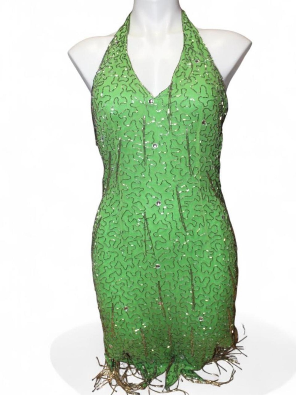 Vintage 90s nite line Green Halter Sequin Cocktail Dress